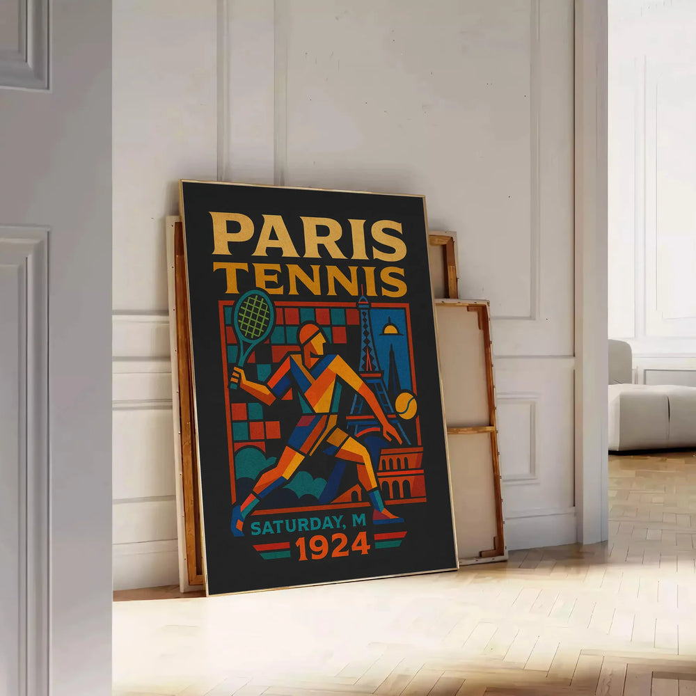 space stunning Paris 1924 vintage cartoon tennis poster elegant gray blue tones fans art lovers dimensions touch nostalgia decor A4 cm A0