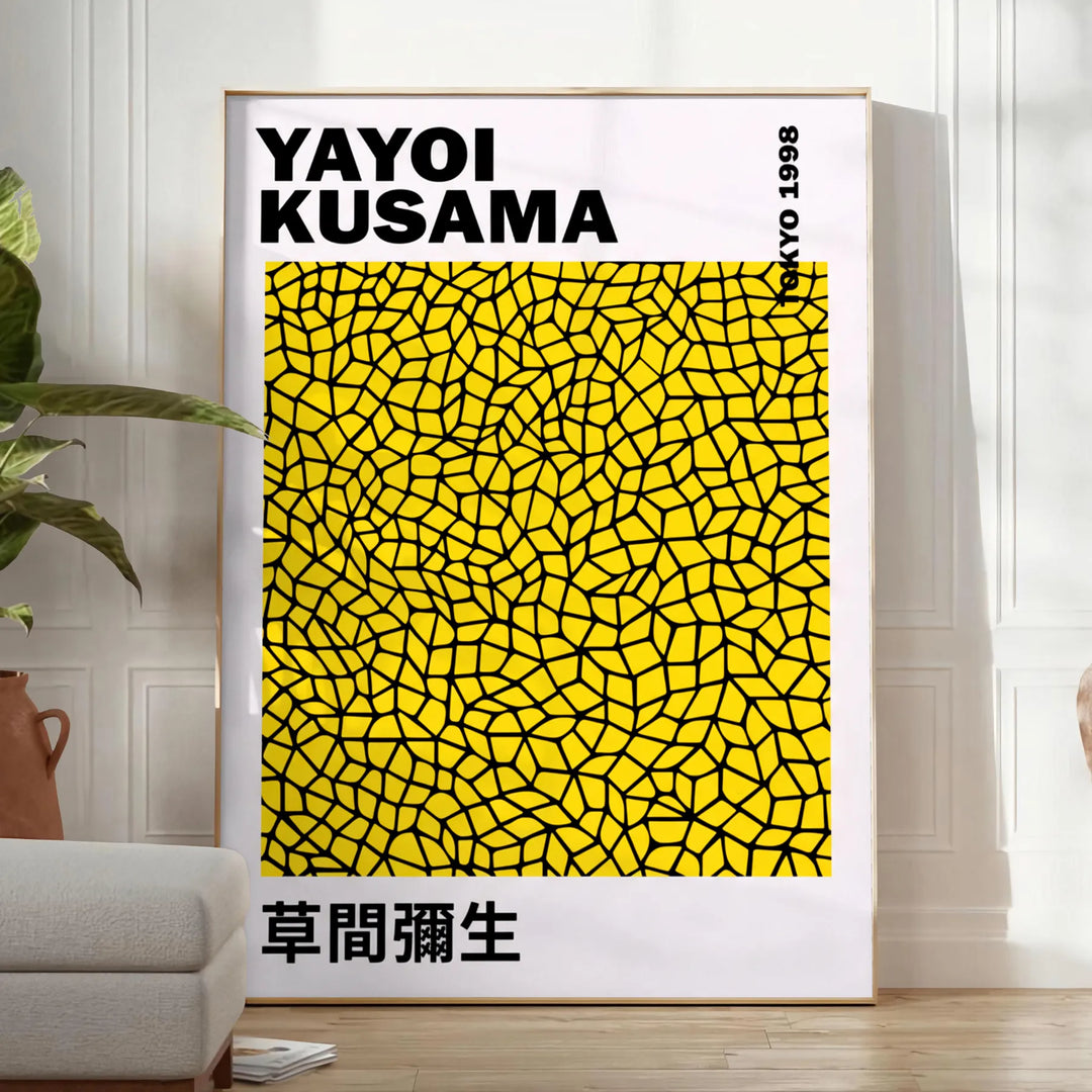 Färgglad Pumpkin Yayoi Kusama poster i grönt och svart, tillgänglig i flera storlekar som 50x70 cm och 30x40 cm, perfekt för