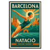 Peldēšanas Barselonas plakāts ar dzīvīgu dzeltenu un zaļu krāsu, pieejams rāmī vai bez tā