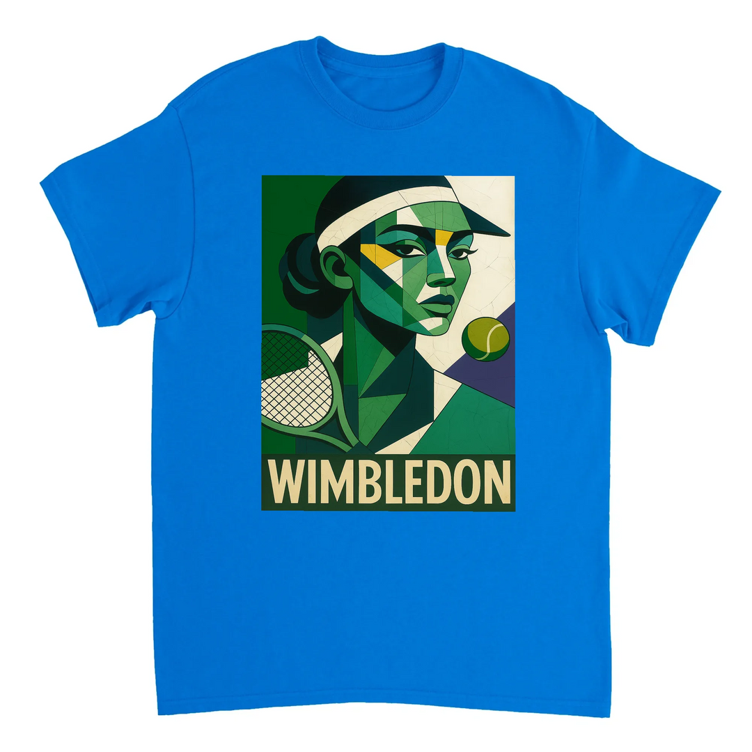 ウィンブルドン・キュビスト・テニスTシャツ。ユニークなキュビズムデザインが特徴で、テニス愛好者にもファッション好きにも最適なアイテム。サイズはS、M、L、XL、XXLがあります。