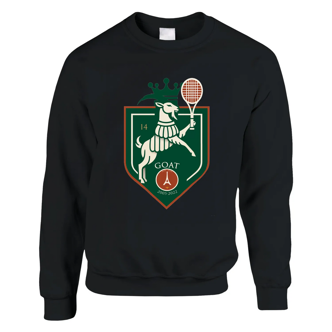 Sweater Tennis GOAT Rafa Paris, feito de 50% algodão e 50% poliéster, com toque suave e resistência ao desgaste. Design uniss