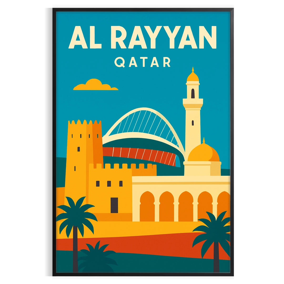 Stylized Al Rayyan, Qatar cityscape poster with bold green and red tones