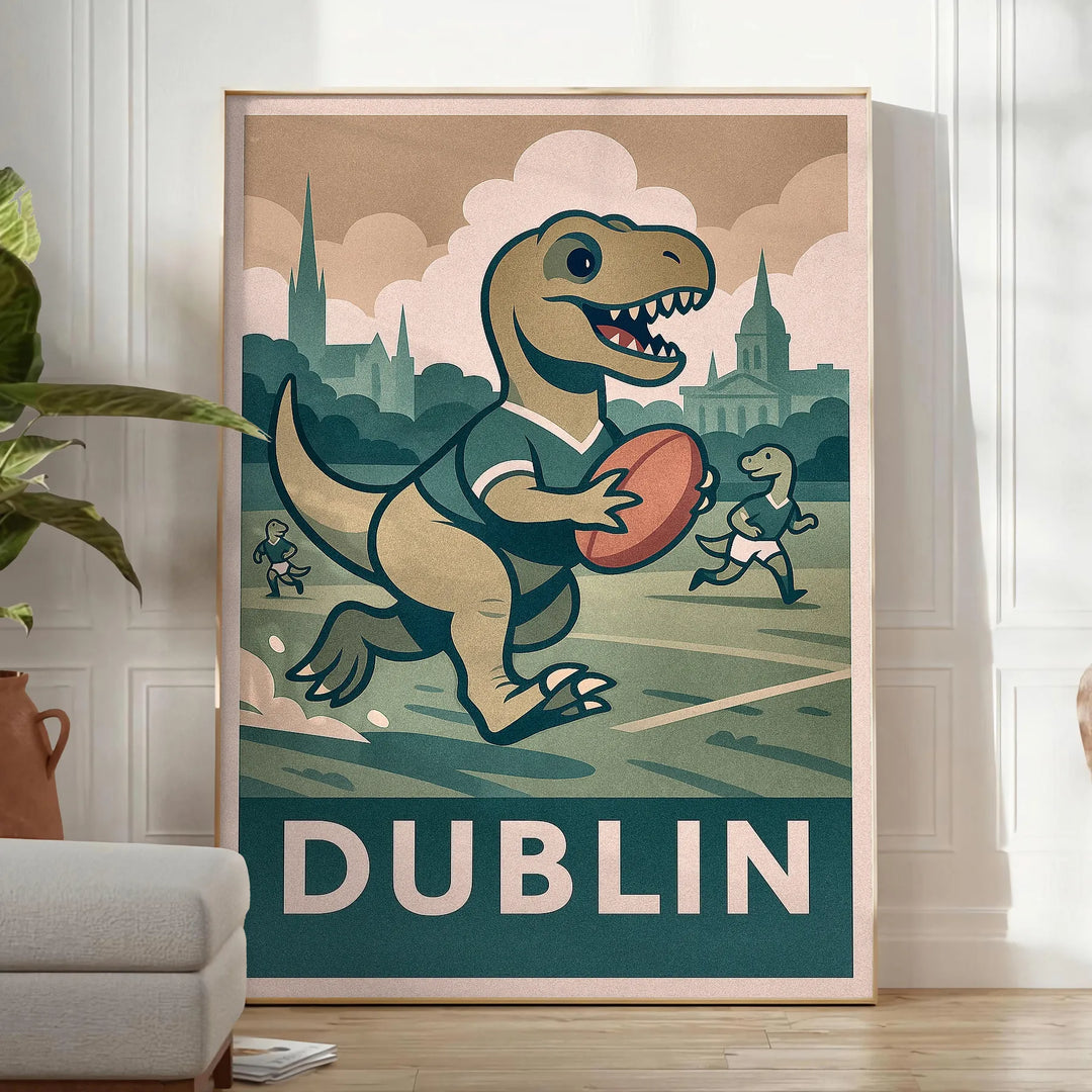 whimsical dinosaur rugby poster perfect kids lovers vintage art deco design playful touch room charming print collection dimensions cm sizes A4 A0