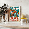 Affiche captivante cyclisme Alpes françaises Tour France teintes vibrantes rouge bleu intérieur passionnés formats cm pièce unique disponibles A4 A0