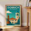 Blue and green stylized Dobrich, Bulgaria travel poster in minimalist design