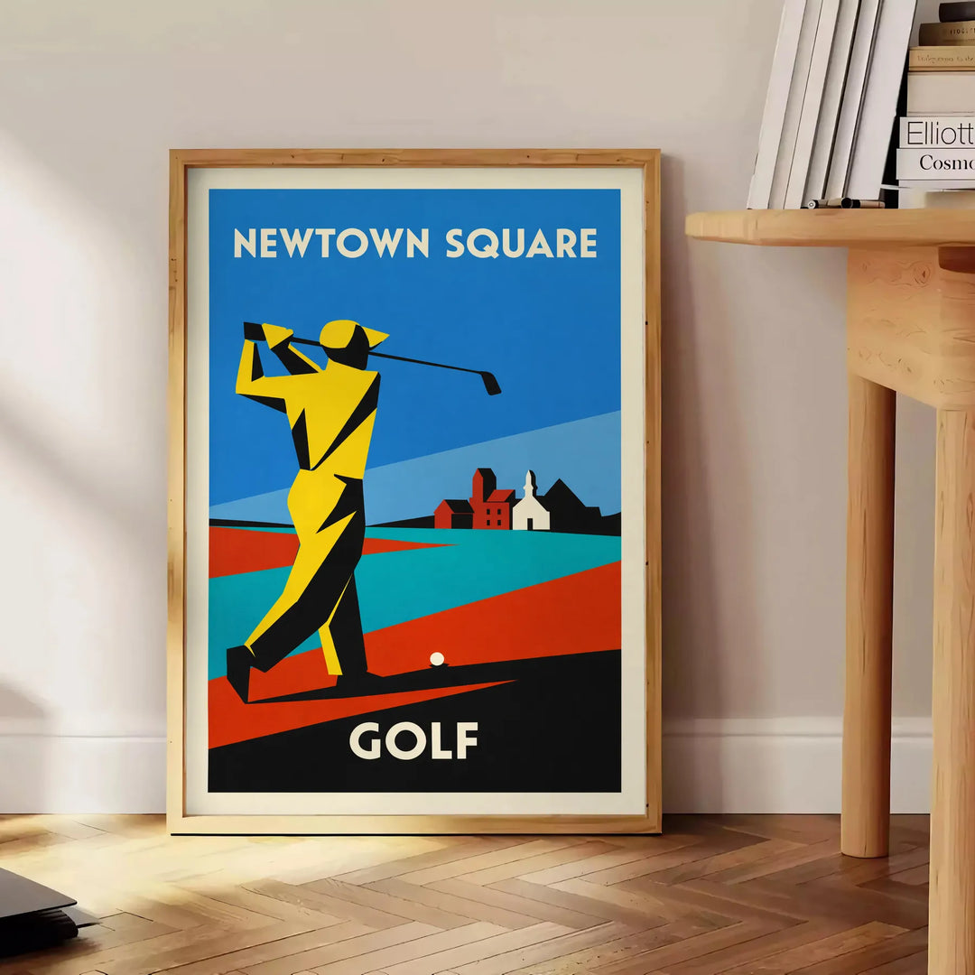 Plakat w stylu vintage przedstawiający scenę golfową w Newtown Square, Stany Zjednoczone, w zielonych i niebieskich odcieniach