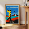 Plakat w stylu vintage przedstawiający scenę golfową w Newtown Square, Stany Zjednoczone, w zielonych i niebieskich odcieniach