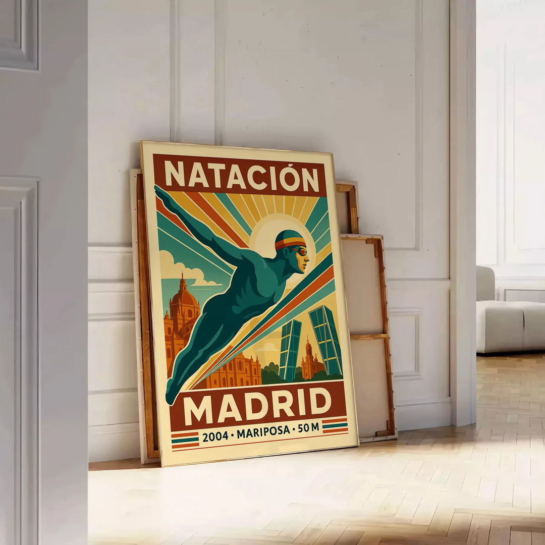 Peldēšanas Madrides plakāts ar bagātīgām brūnām un sarkanām krāsām, pieejams 50x70 cm vai 30x40 cm izmēros, rāmis vai bez rām