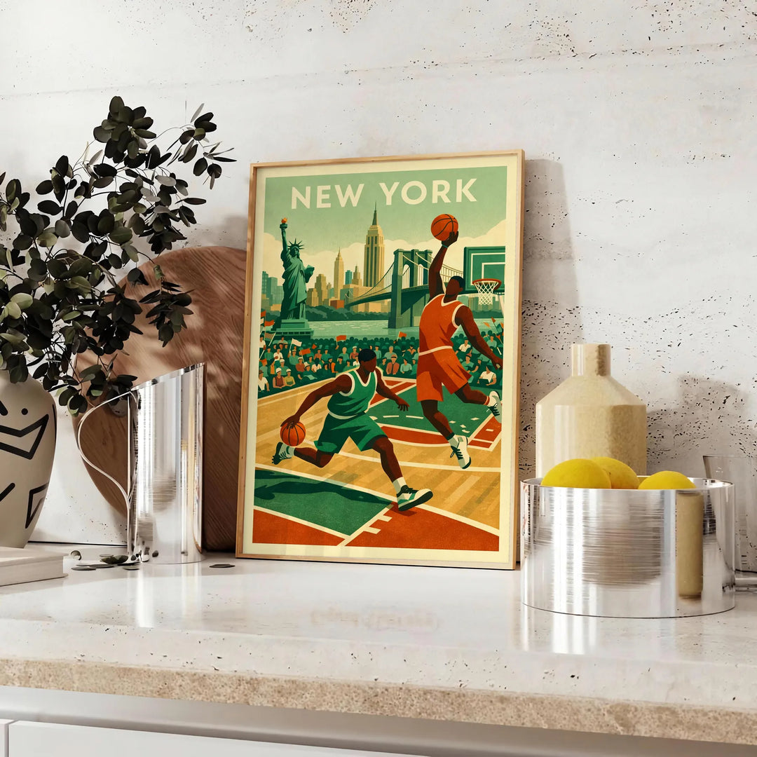 space vibrant New York USA NBA poster stunning blend brown orange hues sports enthusiasts city lovers eye piece walls available A4 cm A0