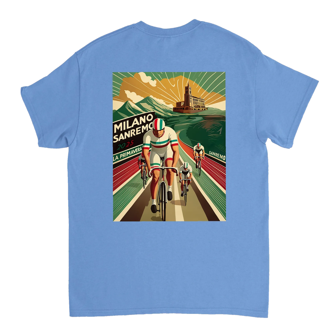Koszulka Milano Sanremo z unikalnym wzorem, idealna dla miłośników kolarstwa. Dostępna w rozmiarach S, M, L, XL