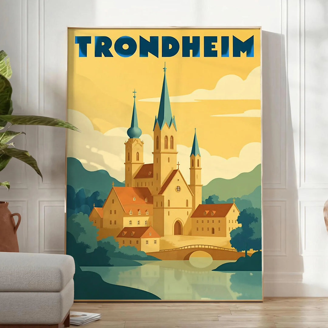 Poster vintage Art Déco Trondheim Norvegia con grafiche verdi e gialle