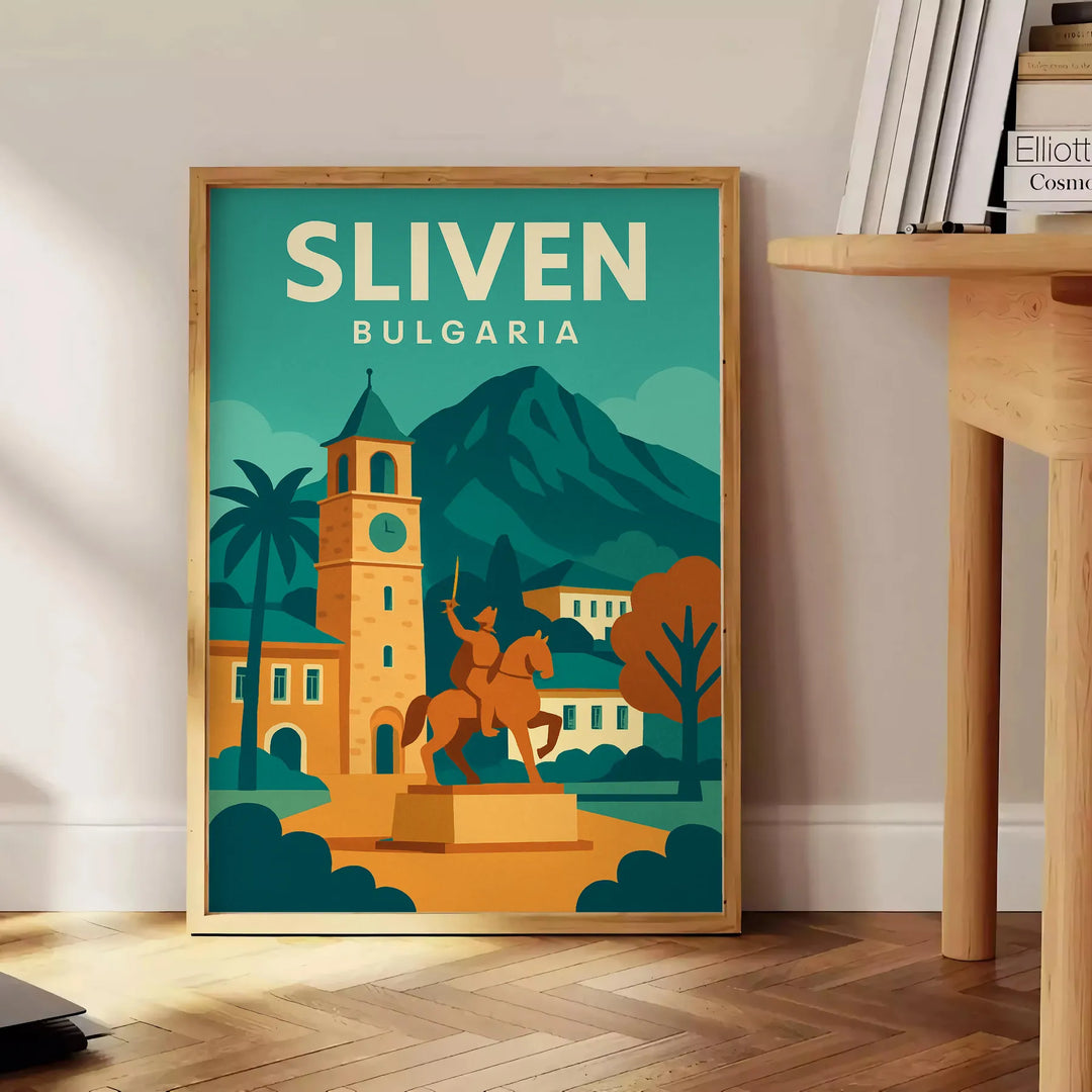 スリヴェン（ブルガリア）の街並みを描いた青とオレンジのポスター（宇宙風）