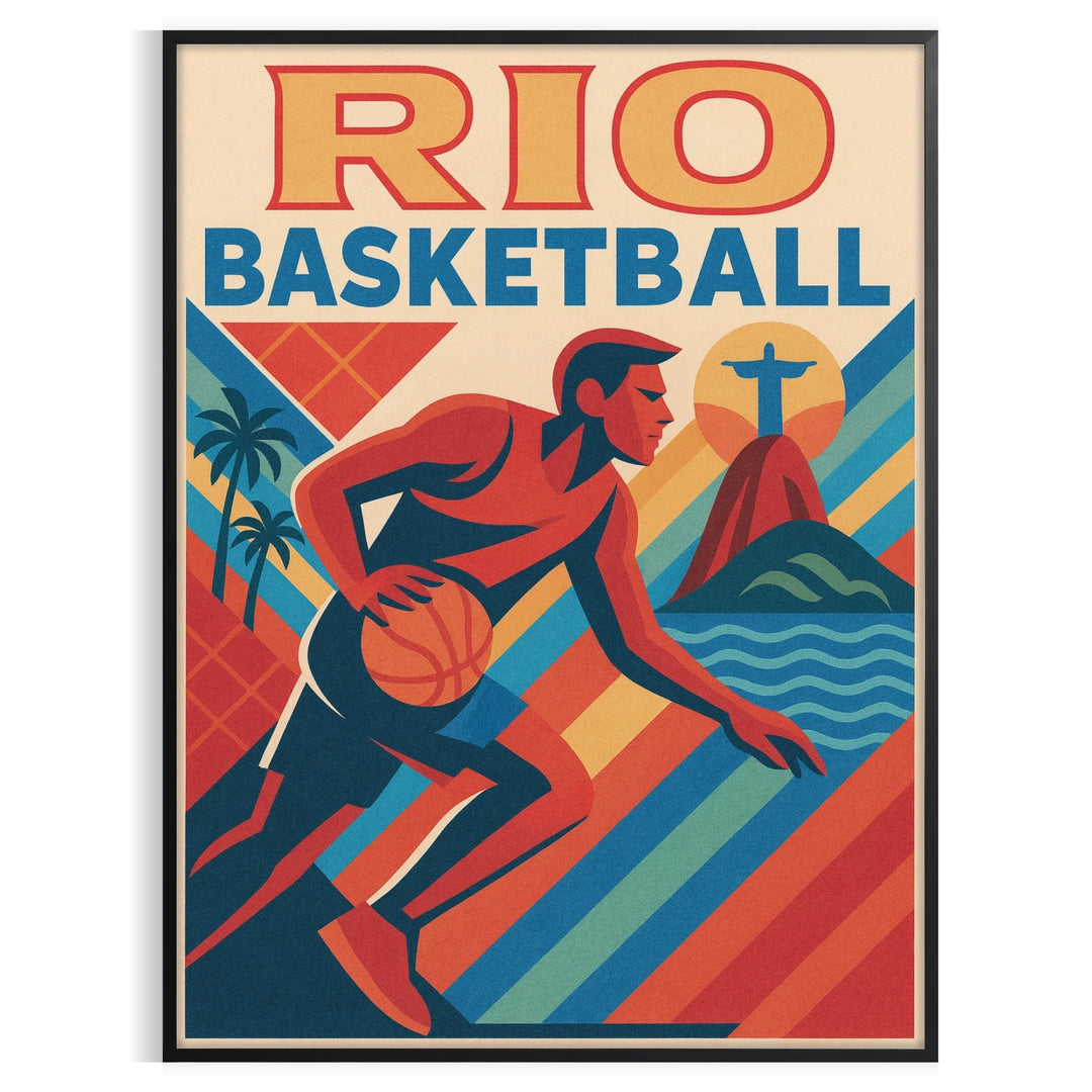 space stunning Rio Football Basketball Vintage Poster perfect blend art deco style sports nostalgia spirit game ideal gift fans striking addition home decor sizes A4 cm A0
