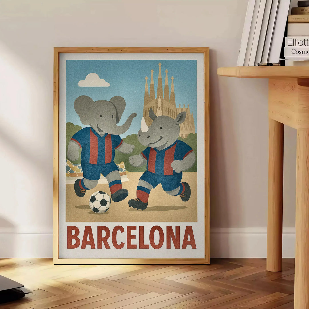 Αναδείξτε το δωμάτιο του παιδιού σας με αυτό το εντυπωσιακό αφίσα που απεικονίζει έναν παιχνιδιάρη ελέφαντα και ρινόκερο να γ