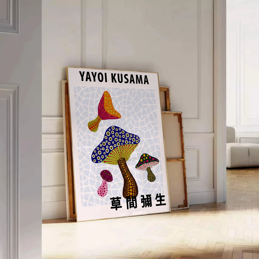 Plakat z motywem grzybów w stylu Yayoi Kusama, w intensywnych czerwonych i zielonych kolorach. Idealny do każdego wnętrza, do