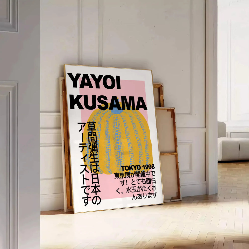 space stunning Pumpkin Yayoi Kusama poster vibrant orange chic gray background art lovers captivating piece touch modern elegance room decor dimensions A4 cm A0