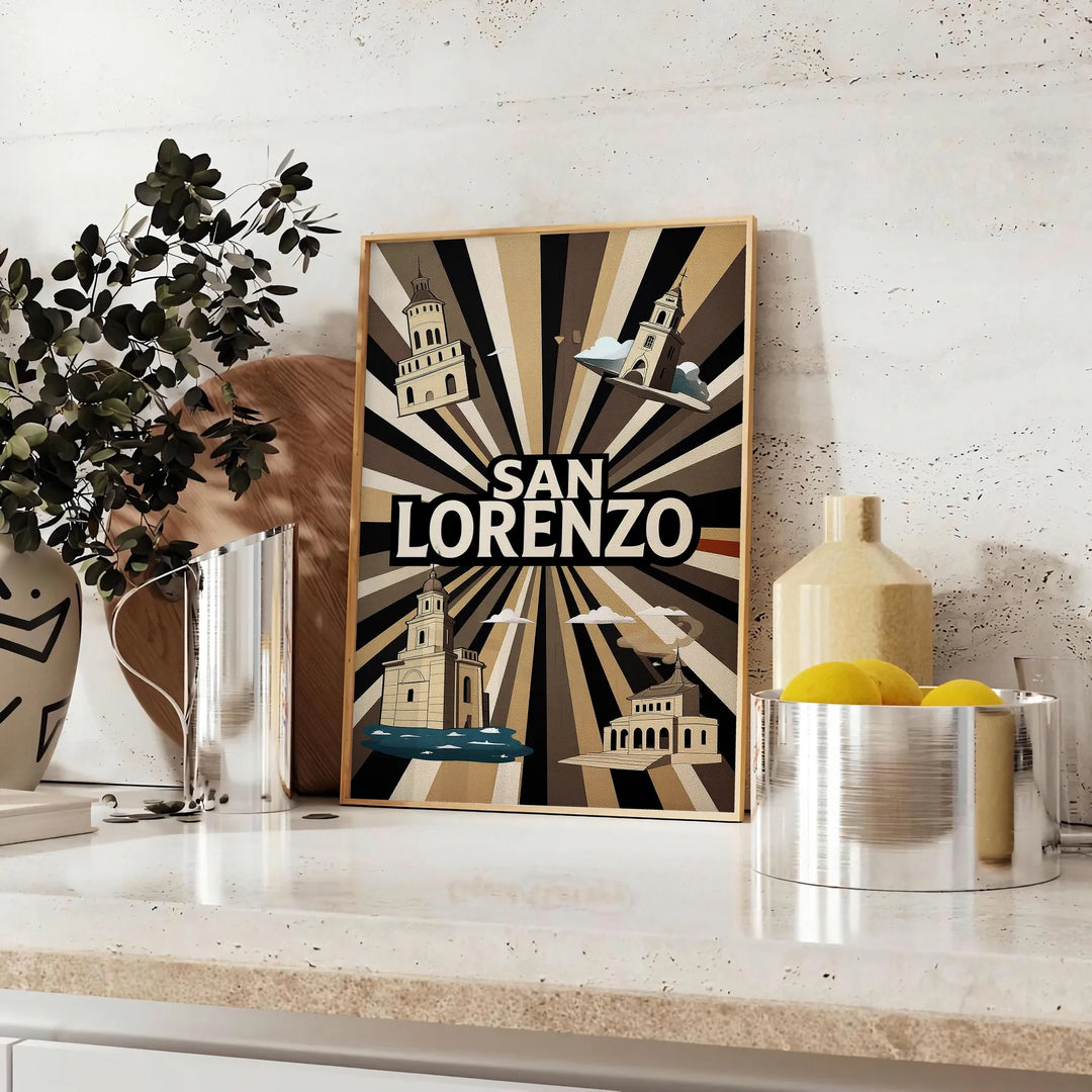 stunning vintage art déco poster San Lorenzo Paraguay rich brown green tones touch elegance space enthusiasts sizes A4 cm A0