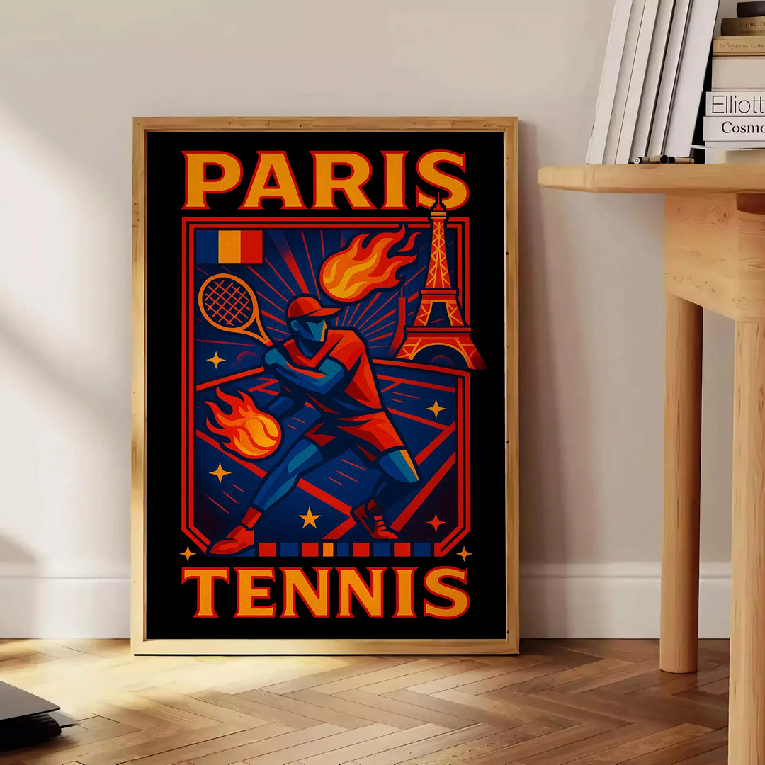パリのヴィンテージカートゥーンテニスポスター。鮮やかな赤と青のデザインで、どんな空間にも魅力をプラスします。サイズは50x70または30x40。額縁付きと額縁なしのオプションから選べます。