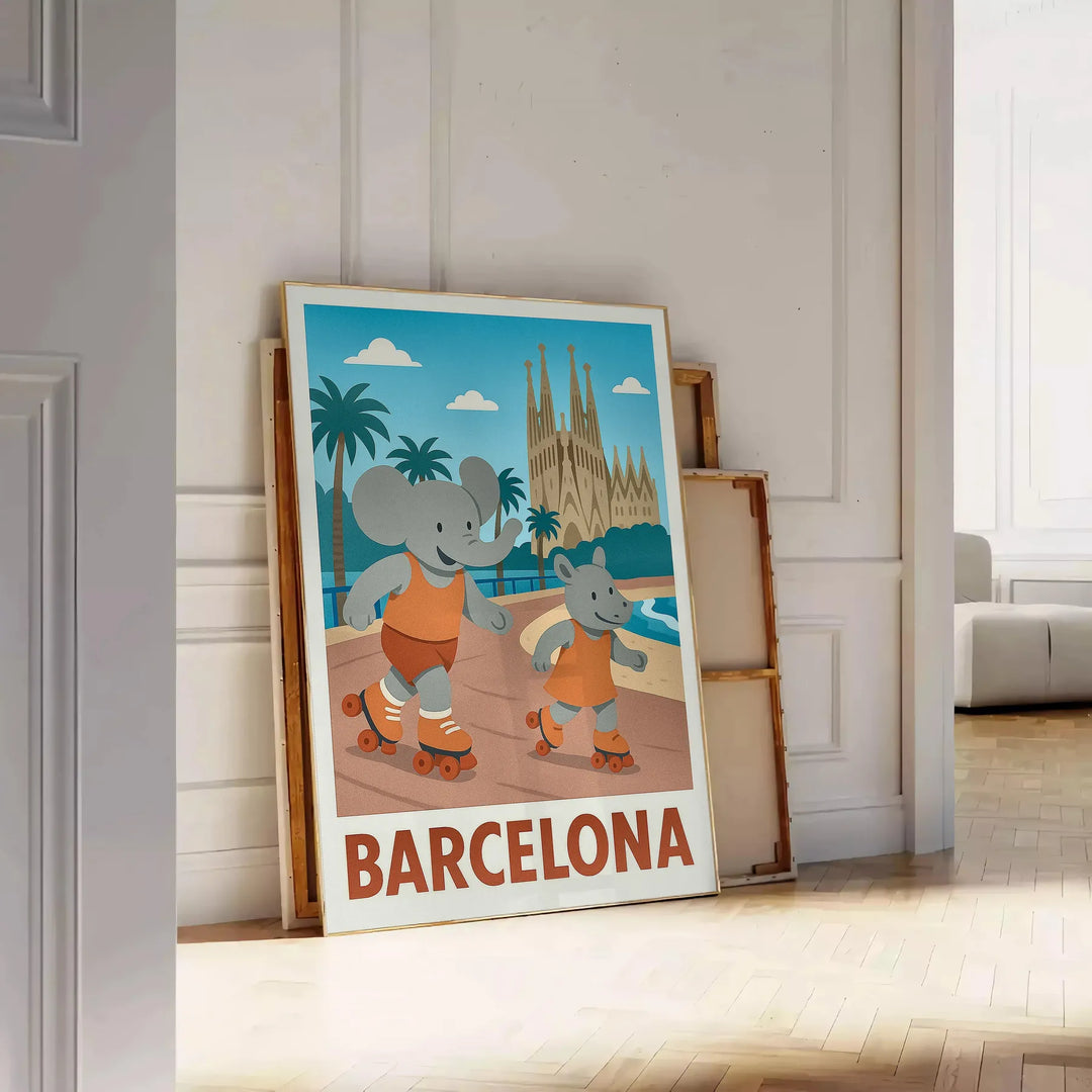 Ζωντανή αφίσα με χαρούμενο ελέφαντα και ρινόκερο που κάνουν πατινάζ στη Βαρκελώνη, ιδανική για παιδικά δωμάτια. Διαθέσιμη σε