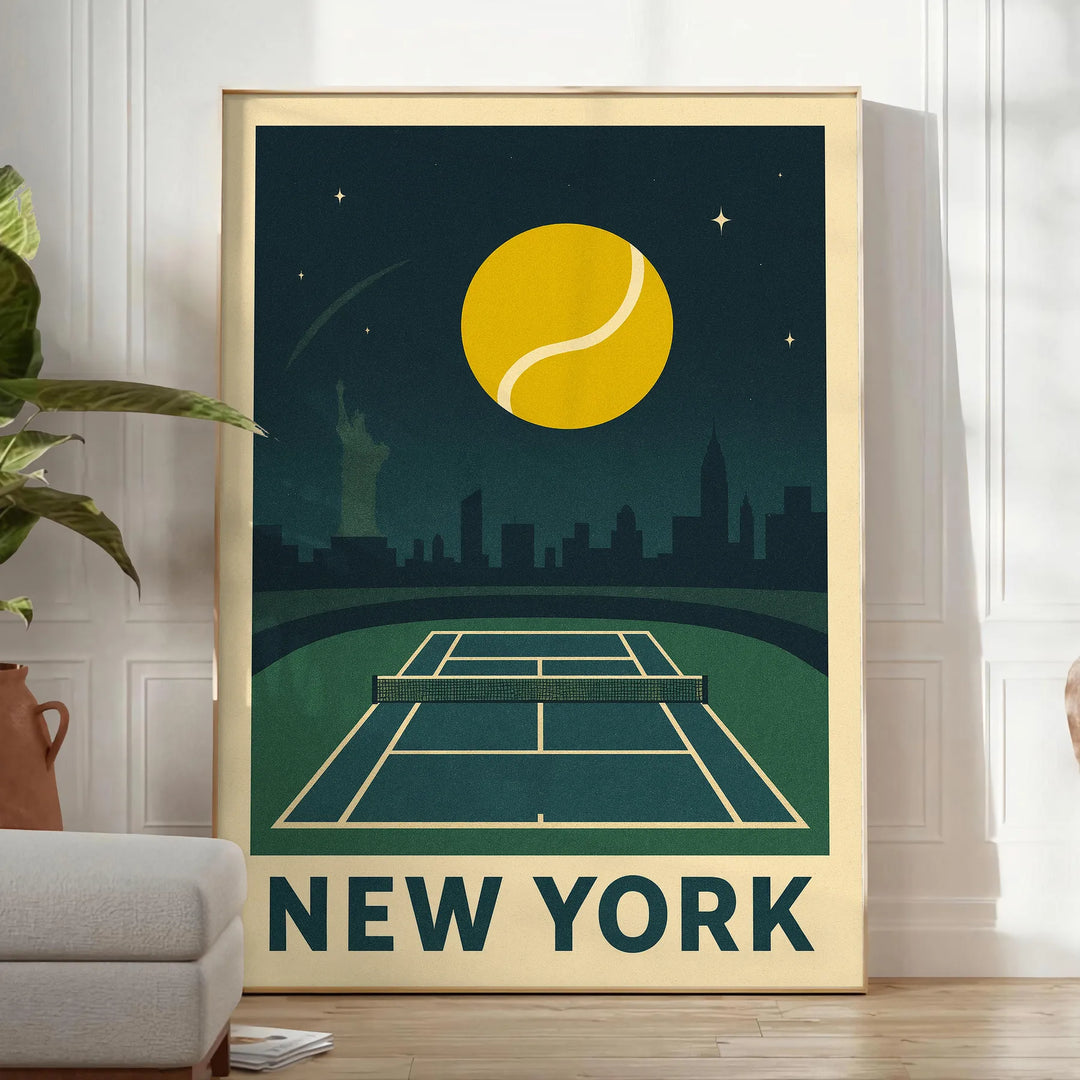 ニューヨークの夜にテニスをテーマにしたポスター。グレーとグリーンのダイナミックなデザインで、都市の洗練さを演出します。