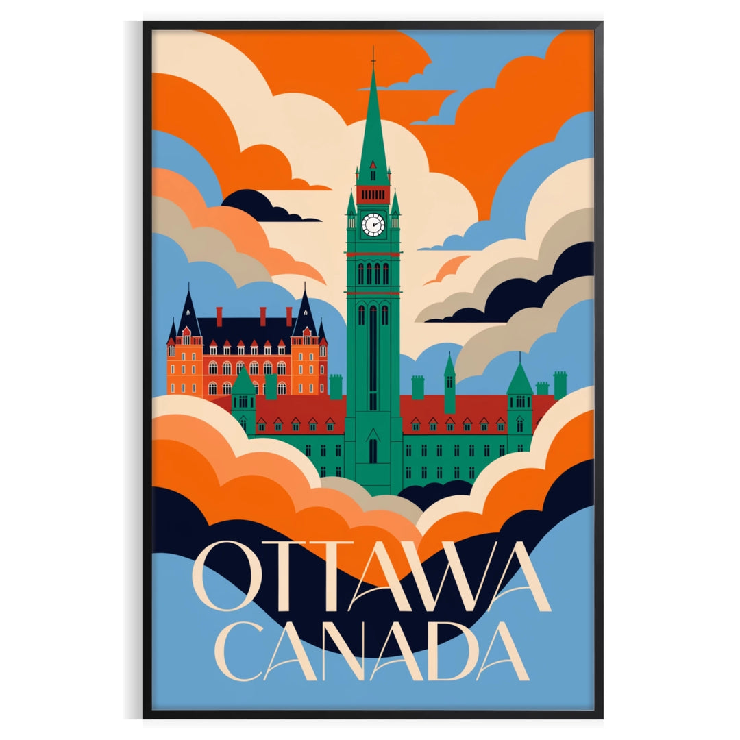 Ottawa Art Déco poster with stylized cityscape in green and red