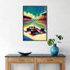 space Formula 1 poster dynamic brown blue hues wall art fans striking print ideal gift room motorsport masterpiece sizes A4 cm A0
